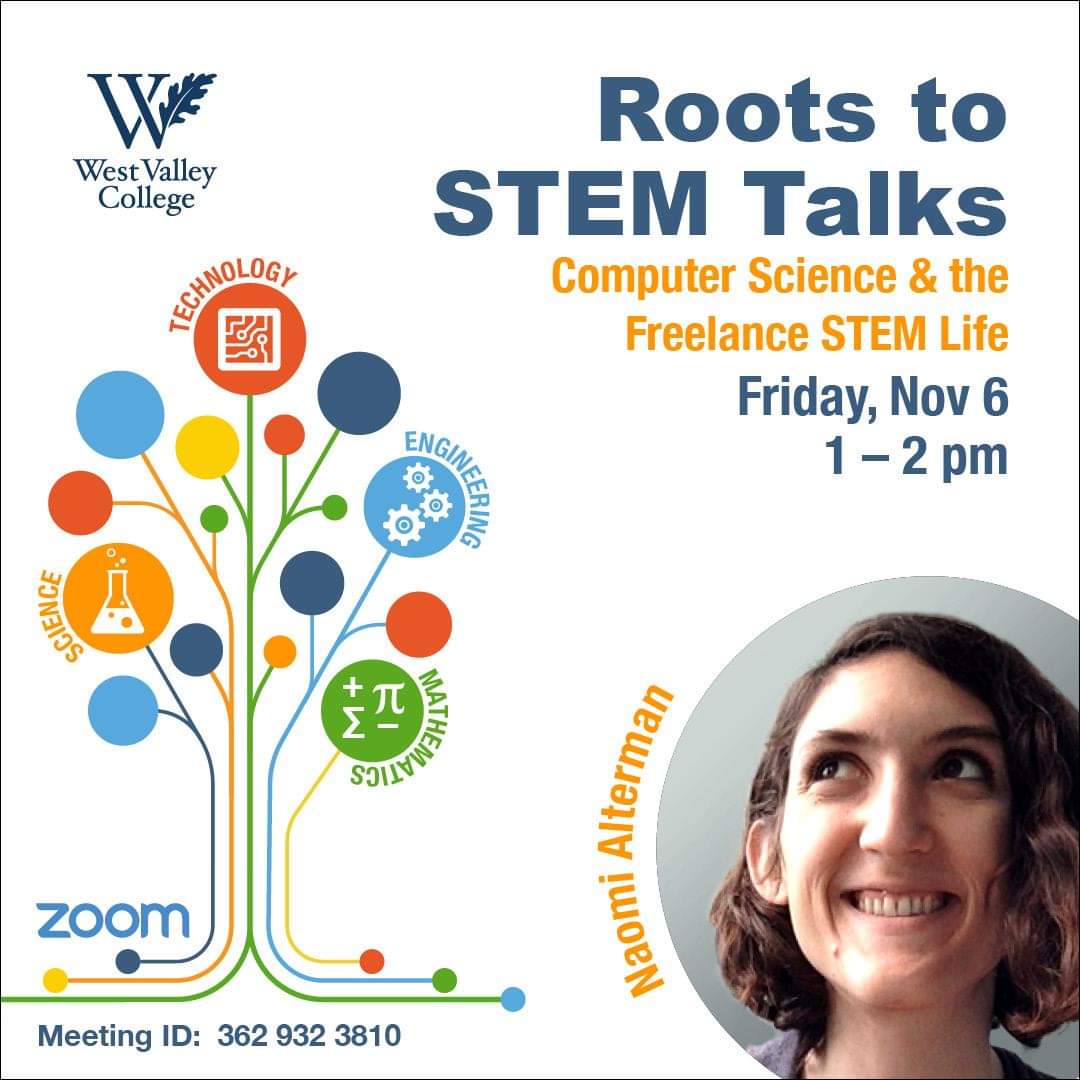 A social media flyer for Naomi Alterman's Roots to STEM Talk, given on Friday Nov 6th, 1-2pm